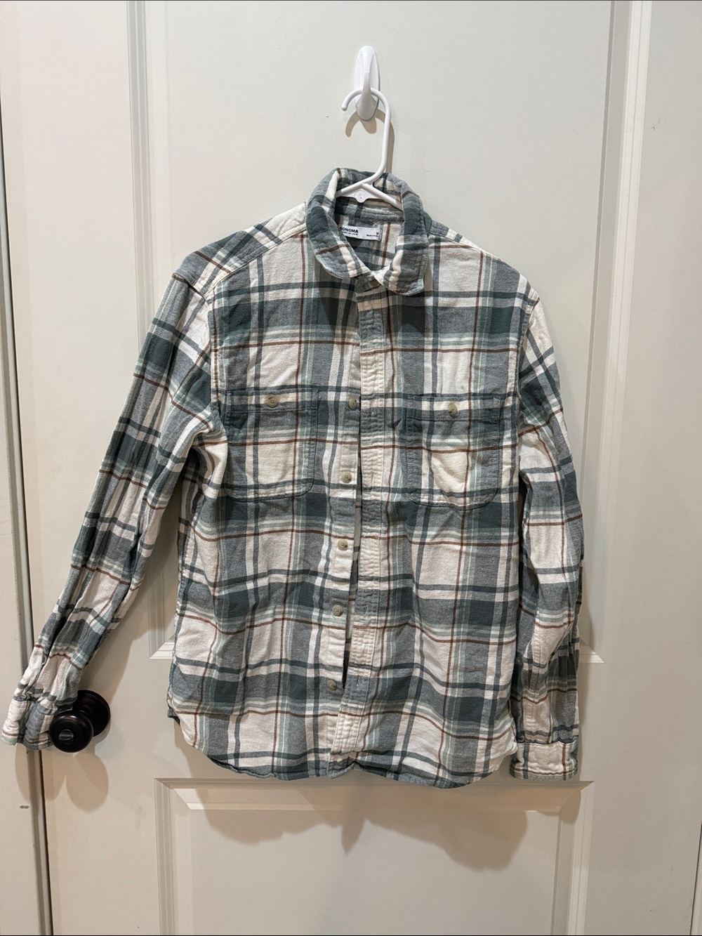 Sonoma Men's Teal and White Plaid Button-Down Shirt